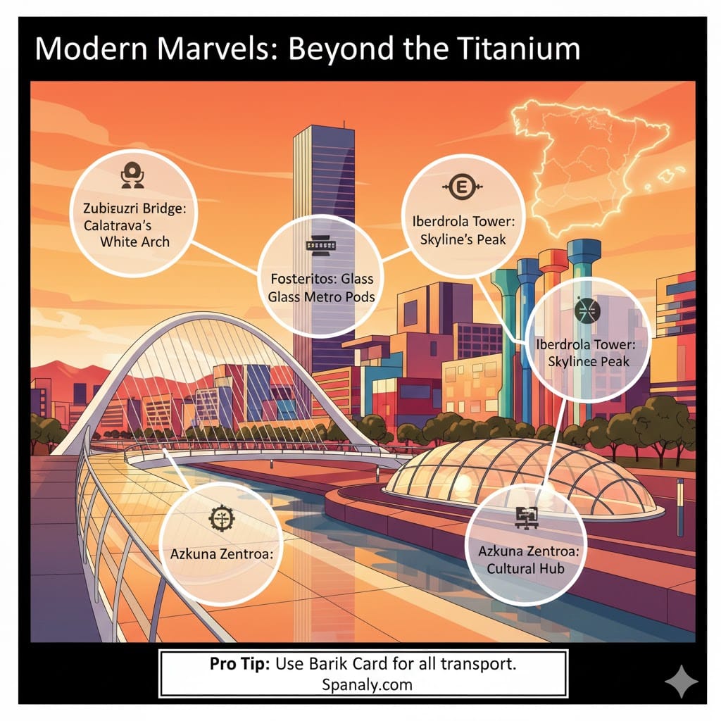 An infographic of Bilbao's modern architecture featuring the Zubizuri Bridge, Fosteritos metro pods, and Iberdrola Tower with helpful travel tips.