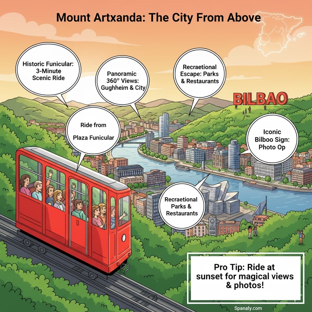 An informative infographic of Mount Artxanda in Bilbao featuring the red funicular, panoramic views of the Guggenheim, and the iconic Bilbao sign with travel tips.