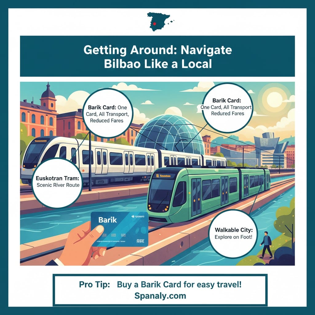 An informative infographic about Bilbao's public transport featuring the Barik card, the green Euskotran tram, and Fosteritos metro entrance with travel tips.