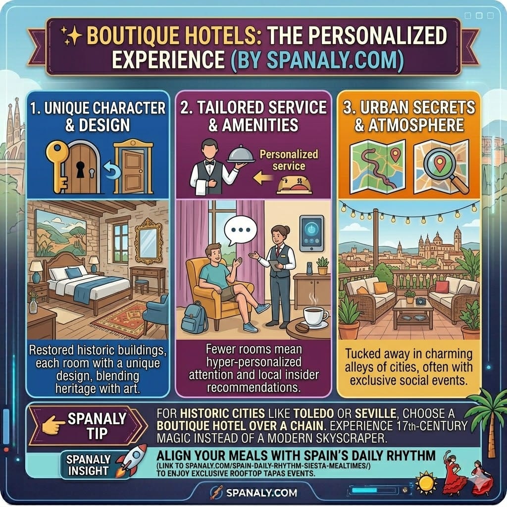 Infographic of boutique hotels in Spain highlighting unique designs, tailored service, and historic atmosphere in cities like Seville and Toledo by Spanaly.com.