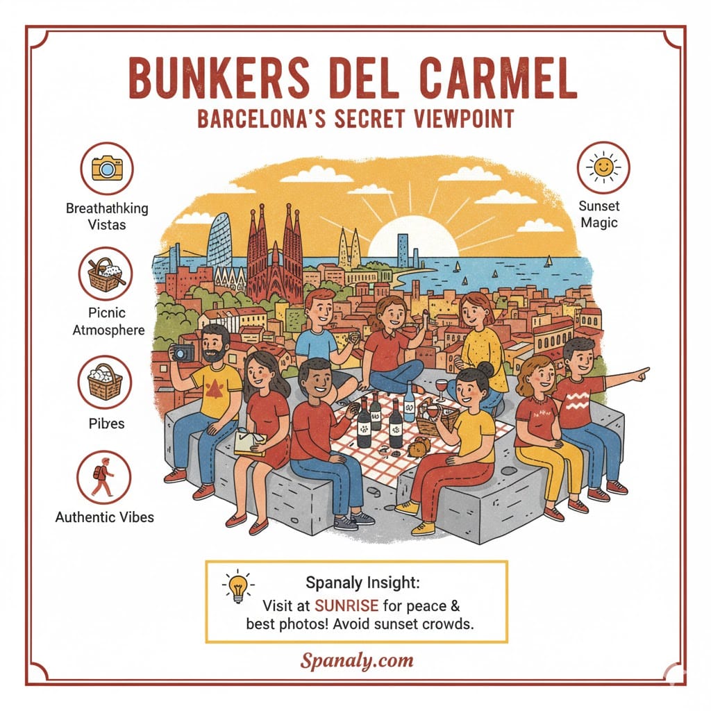 An artistic infographic of Bunkers del Carmel in Barcelona showing locals enjoying a picnic with a 360-degree panoramic view of the city skyline, including the Sagrada Família and the sea. Features icons for sunset magic, picnic atmosphere, and Spanaly Insight recommending a sunrise visit for peace.