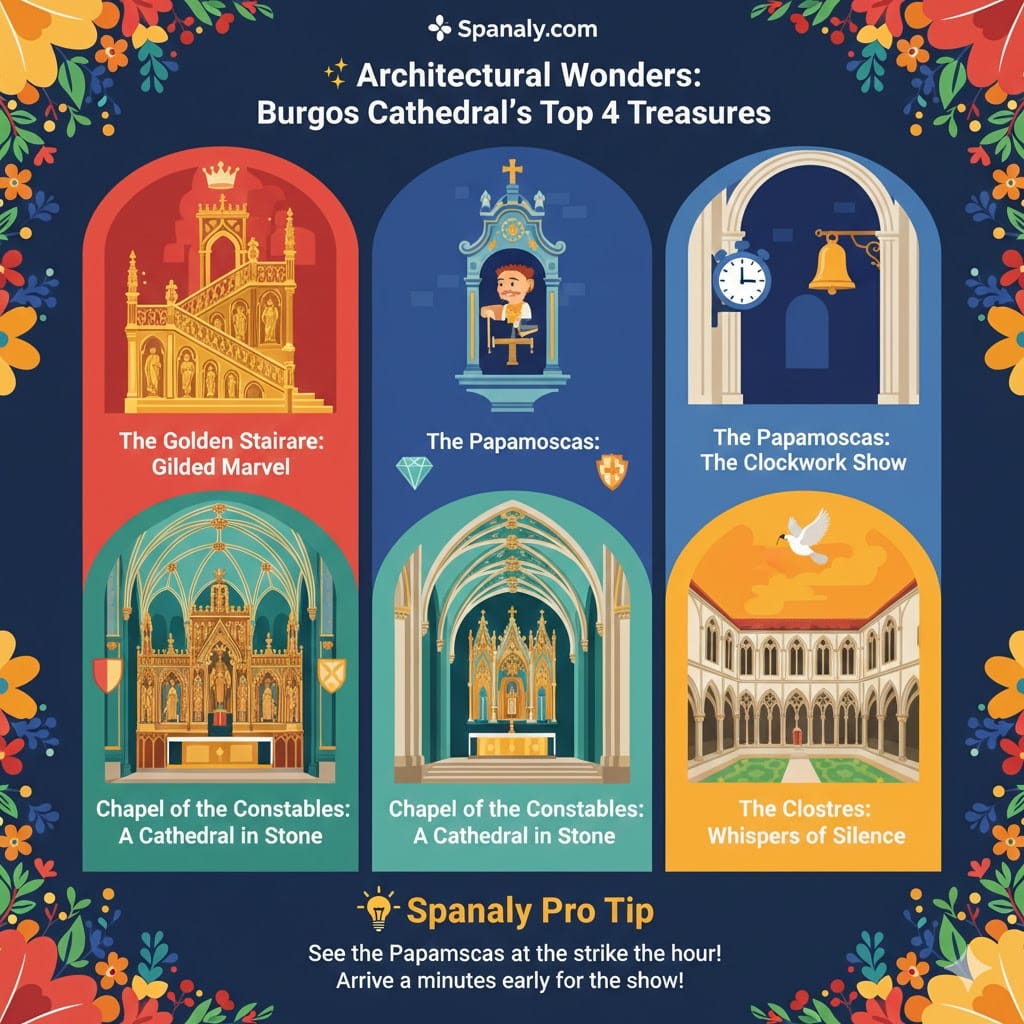 A vibrant infographic showcasing the top 4 treasures of Burgos Cathedral: The Golden Staircase, the Papamoscas clock, the Chapel of the Constables, and the Gothic Cloisters.