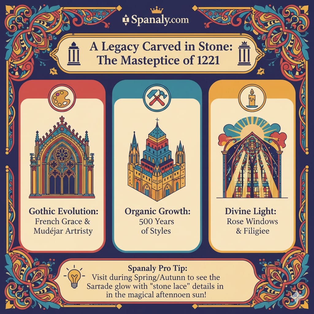 A colorful infographic about Burgos Cathedral's architectural legacy, featuring Gothic evolution, its 500-year organic growth, and the divine light of its rose windows.