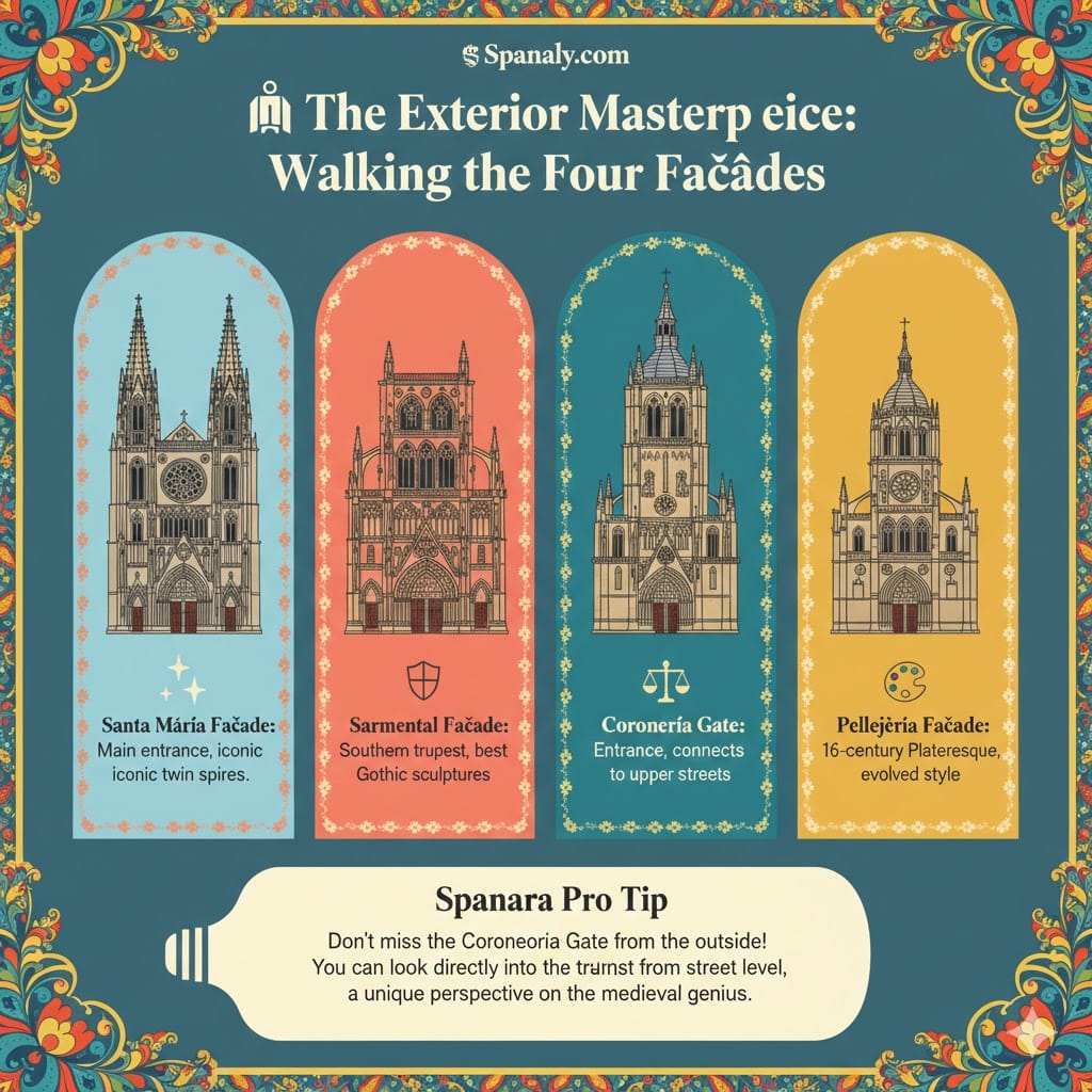 A colorful infographic showing the four main façades of Burgos Cathedral: Santa María, Sarmental, Coronería, and Pellejería, with a professional travel tip.