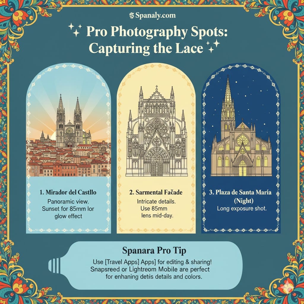 A colorful architectural infographic showing the best photography spots for Burgos Cathedral, including Mirador del Castillo, Sarmental Façade, and Plaza de Santa María at night.