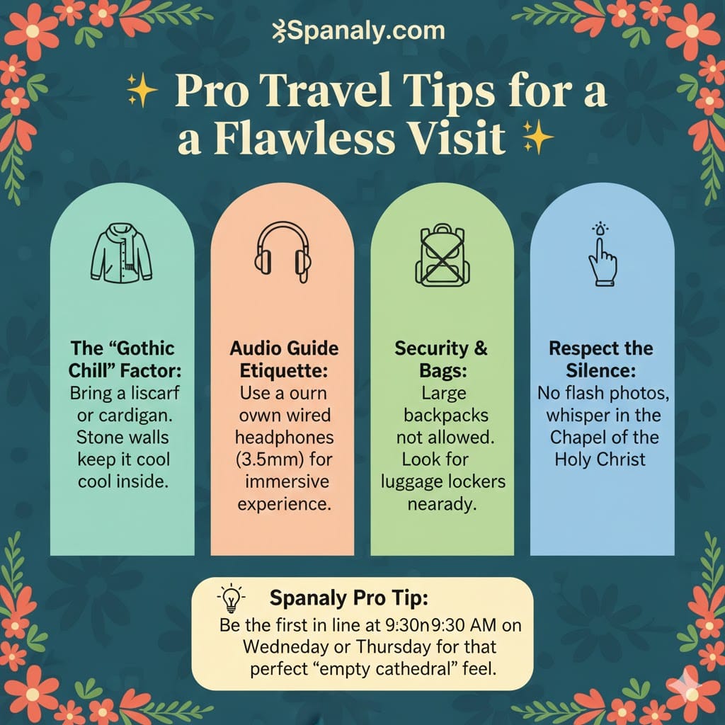 A colorful infographic with pro travel tips for visiting Burgos Cathedral, covering the interior temperature, audio guide etiquette, bag restrictions, and respecting the silence.