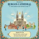 A vibrant, colorful illustration of Burgos Cathedral serving as the ultimate 2026 visitor's guide, featuring the Gothic facade, tourists, and Spanaly Pro Tips.