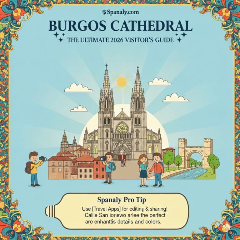 A vibrant, colorful illustration of Burgos Cathedral serving as the ultimate 2026 visitor's guide, featuring the Gothic facade, tourists, and Spanaly Pro Tips.