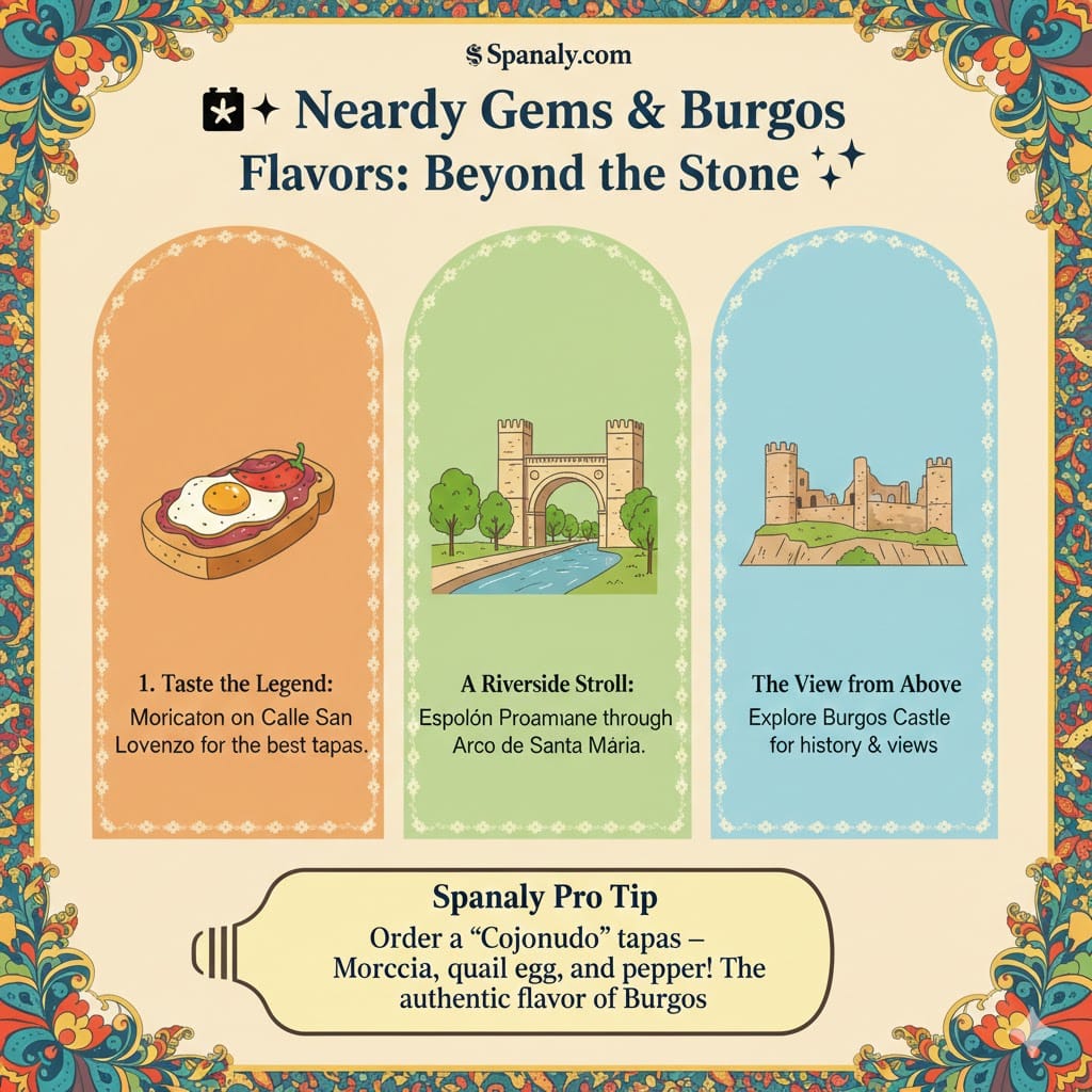 A colorful infographic showing what to do in Burgos after visiting the cathedral: tasting Morcilla at Calle San Lorenzo, strolling through Arco de Santa María, and visiting Burgos Castle.