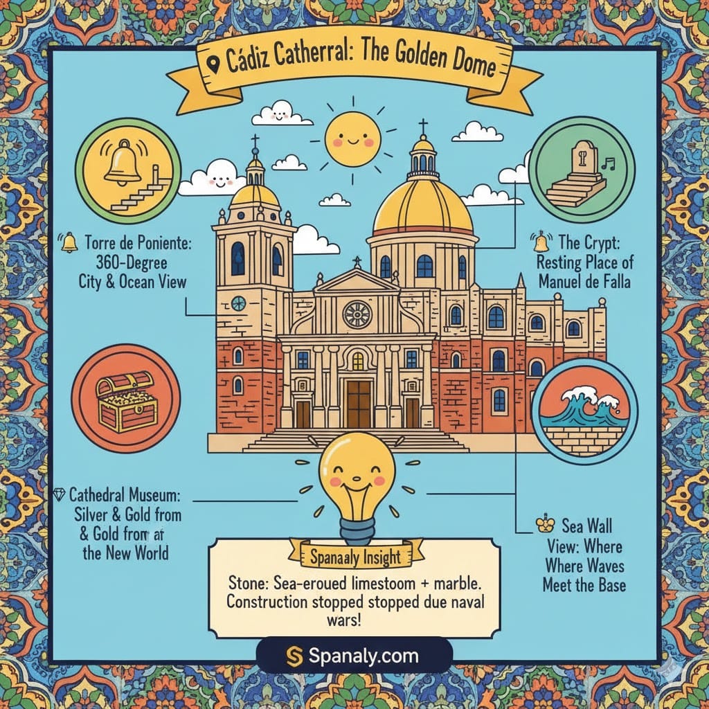 A colorful and friendly infographic of the Cádiz Cathedral, featuring its famous golden dome, the Torre de Poniente, the crypt, and the museum. Includes Spanaly Insight about its stone and construction history with a cheerful sun and sea wall view.