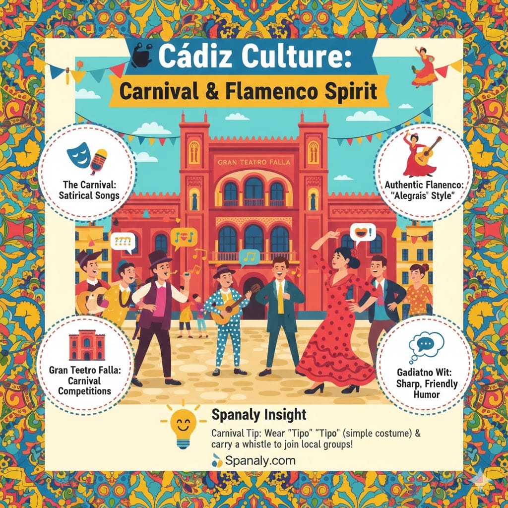 A vibrant infographic of Cádiz culture featuring the Gran Teatro Falla, carnival performers in costumes, and a flamenco dancer. It highlights the Carnival satire, Alegrías flamenco style, and the famous Gaditano wit with Spanaly.com branding.
