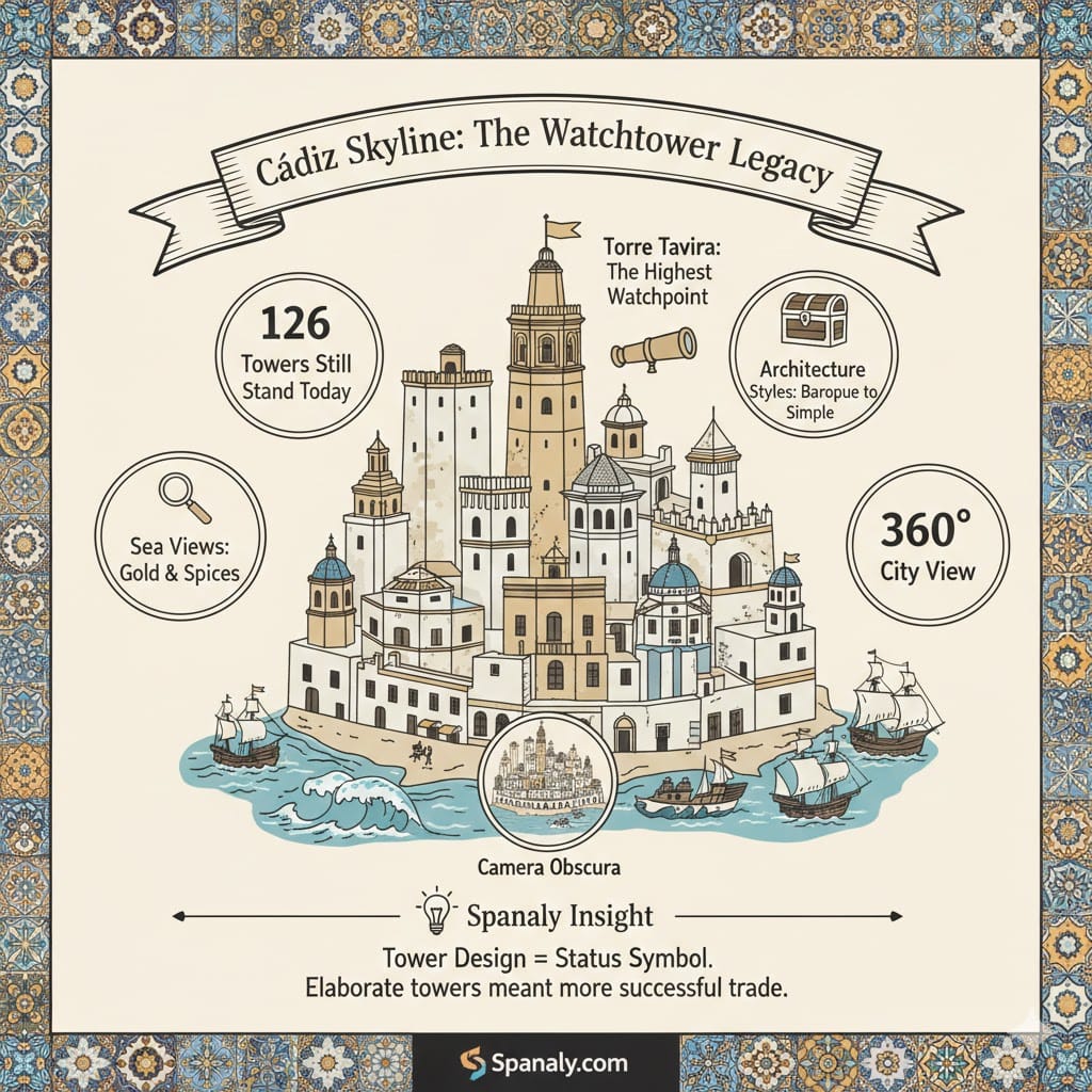 An illustrated infographic of the Cádiz skyline featuring its historic watchtowers. Highlights include Torre Tavira, the Camera Obscura, and the 126 towers remaining from the 18th-century trade boom. Includes maritime elements like ships and gold/spice icons with Spanaly.com branding.