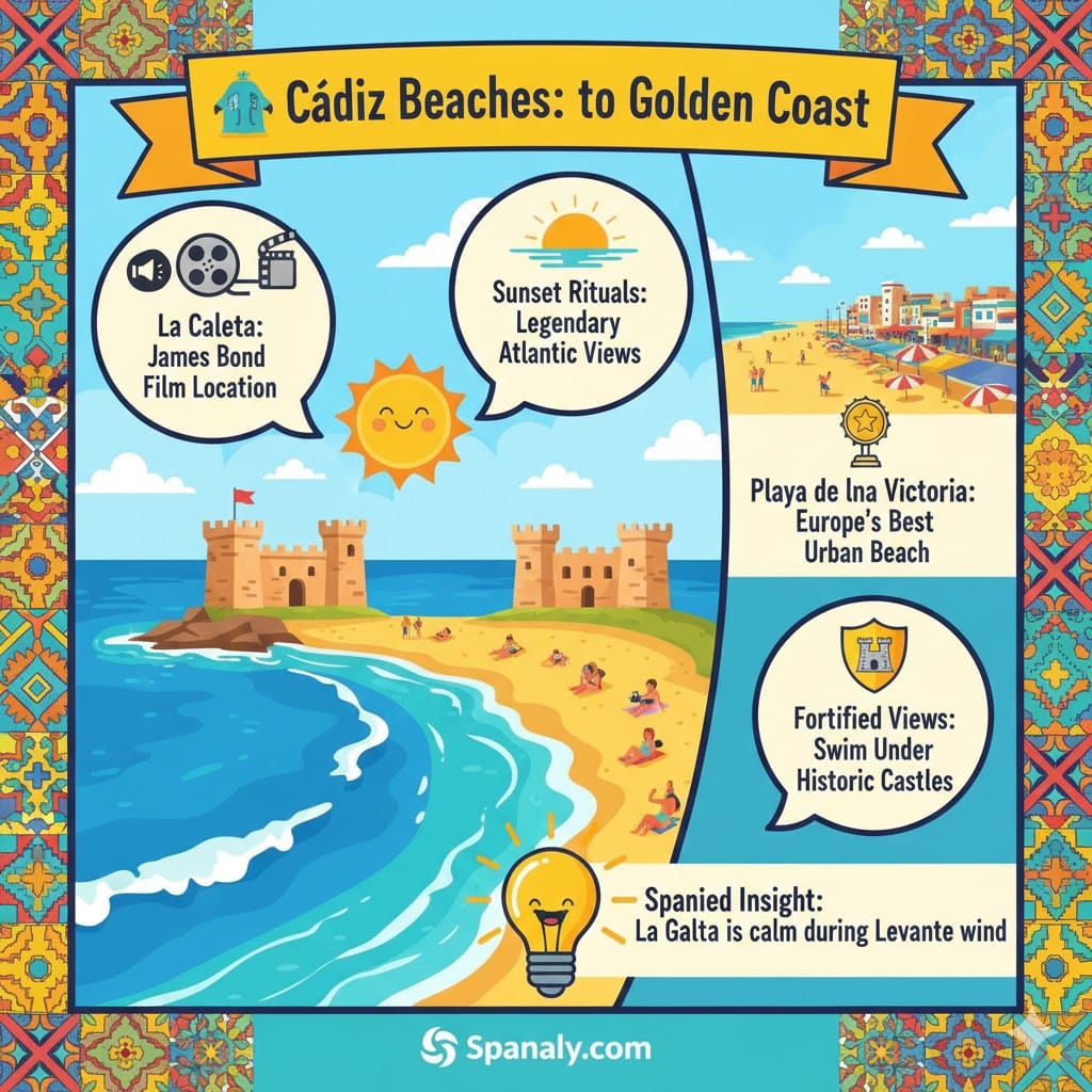 A colorful infographic about Cádiz beaches, featuring La Caleta (James Bond film location), Playa de la Victoria (best urban beach), and sunset rituals. It highlights fortified castle views and includes a Spanaly Insight about the Levante wind with Spanaly.com branding.