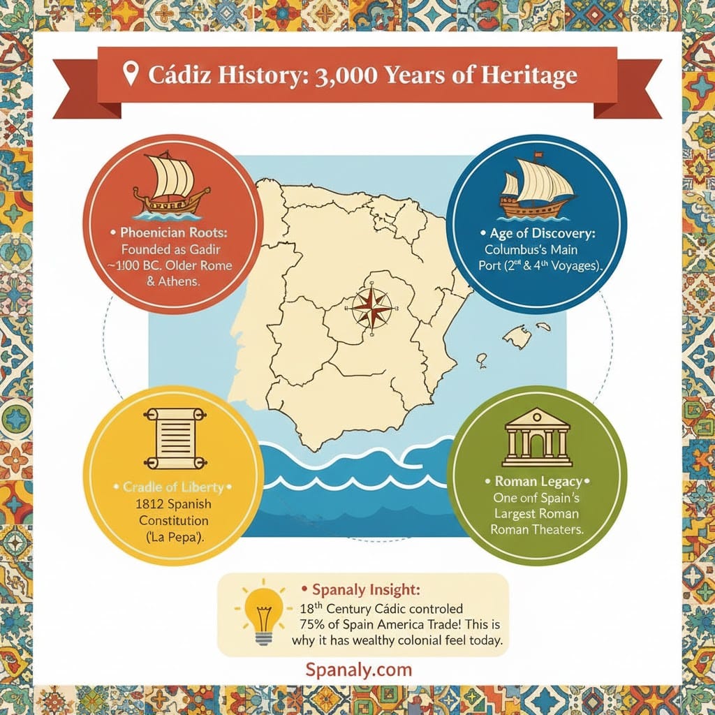 An educational infographic about the history of Cádiz, Spain. It highlights its Phoenician roots (Gadir), the Age of Discovery with Columbus, the 1812 Spanish Constitution, and its Roman legacy. Features a map of Spain and Spanaly.com branding.