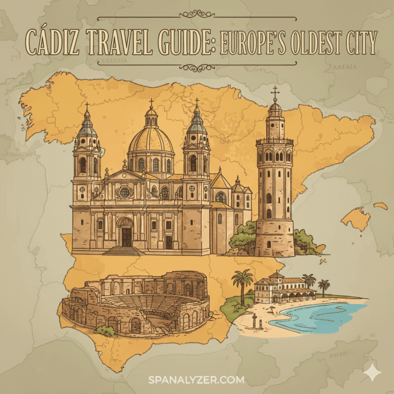 Cadiz Travel Guide Map – Illustrated Map of Spain highlighting Europe’s Oldest City with Cádiz Cathedral and Best Atlantic Beaches by Spanaly
