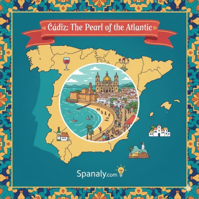 A vibrant travel cover featuring a map of Spain with a detailed circular illustration of Cádiz in the center. The illustration shows the Cathedral, historic walls, and sunny beaches. A red banner at the top reads "Cádiz: The Pearl of the Atlantic" with Spanaly.com branding at the bottom.