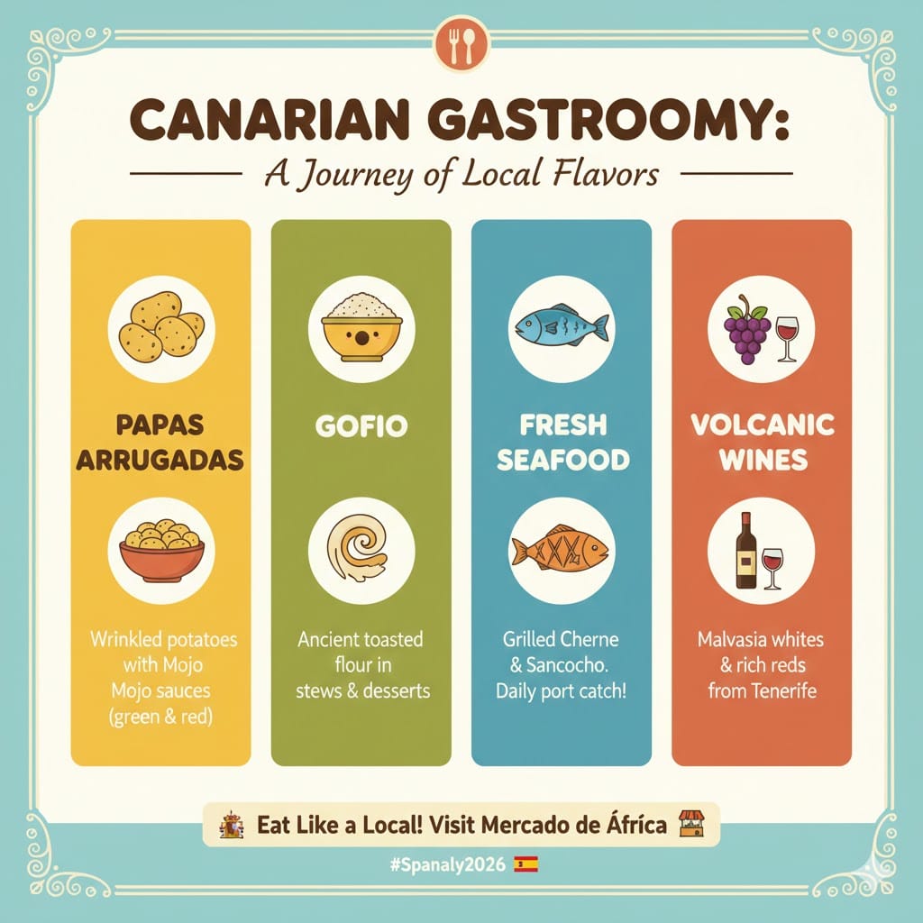 A vibrant 2026 culinary infographic of Santa Cruz de Tenerife featuring Papas Arrugadas, Gofio, Fresh Seafood, and Volcanic Wines with a small map of Spain.