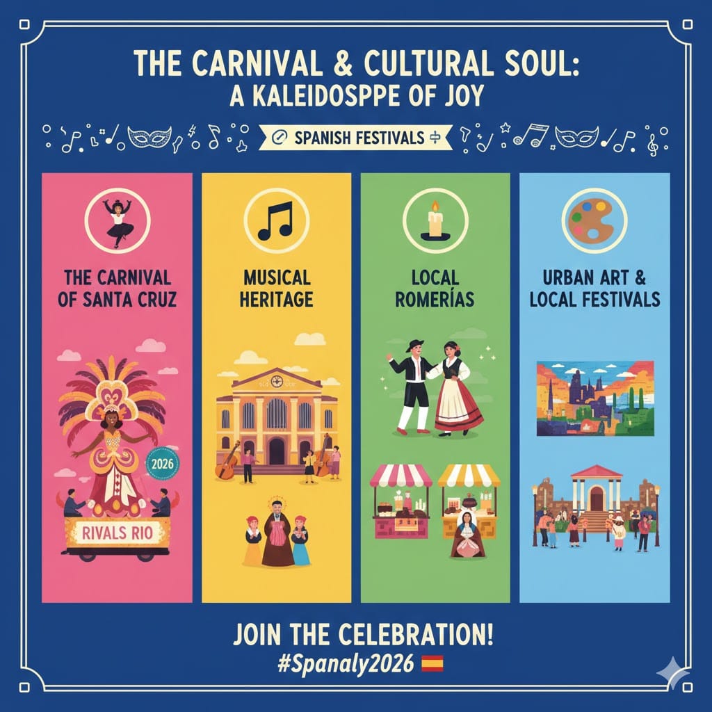 A festive 2026 infographic of Santa Cruz de Tenerife Carnival and cultural events, featuring vibrant parades, musical heritage, and local romerías with a small map of Spain.