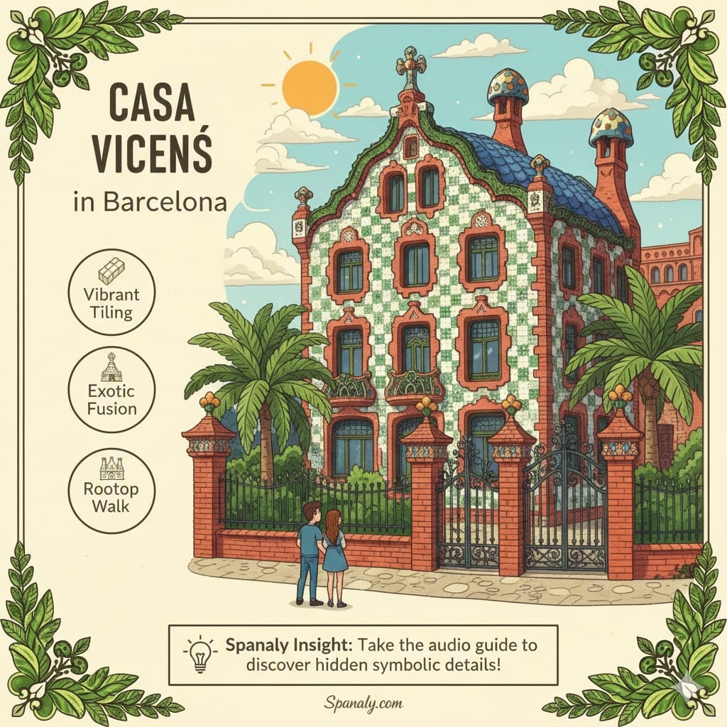 A colorful infographic of Casa Vicens in Barcelona, showcasing Gaudí’s first masterpiece with its distinctive green and white checkered tiles and red brickwork. The image features palm trees, the iconic iron gate, and icons for vibrant tiling, exotic fusion, and the rooftop walk, with a Spanaly Insight recommending an audio guide.