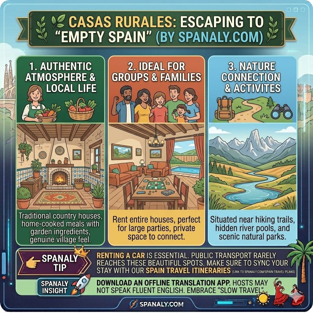 Infographic of Casas Rurales in Spain highlighting authentic village life, nature connection, and group accommodation tips by Spanaly.com.