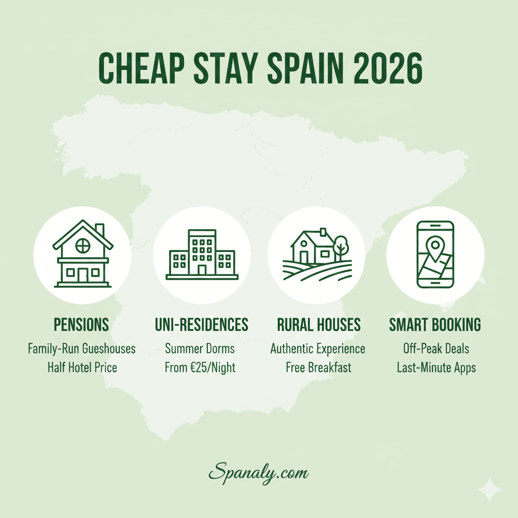 Infographic showing budget accommodation options in Spain 2026, including pensions, university residences, and rural houses with price tips by Spanaly.com.