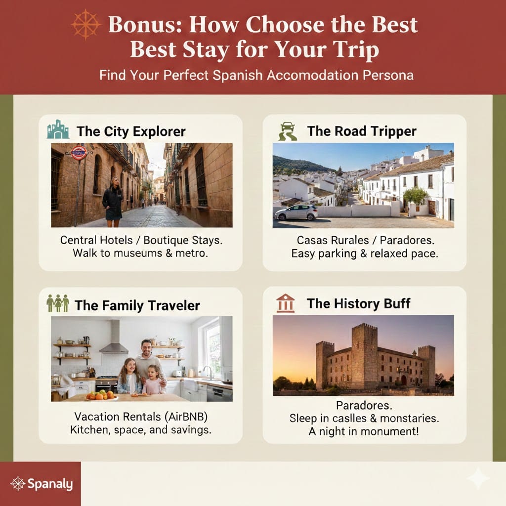 Infographic titled 'How to Choose the Best Stay for Your Trip' in Spain, categorizing accommodations for City Explorers, Road Trippers, Family Travelers, and History Buffs with specific lodging recommendations for each.