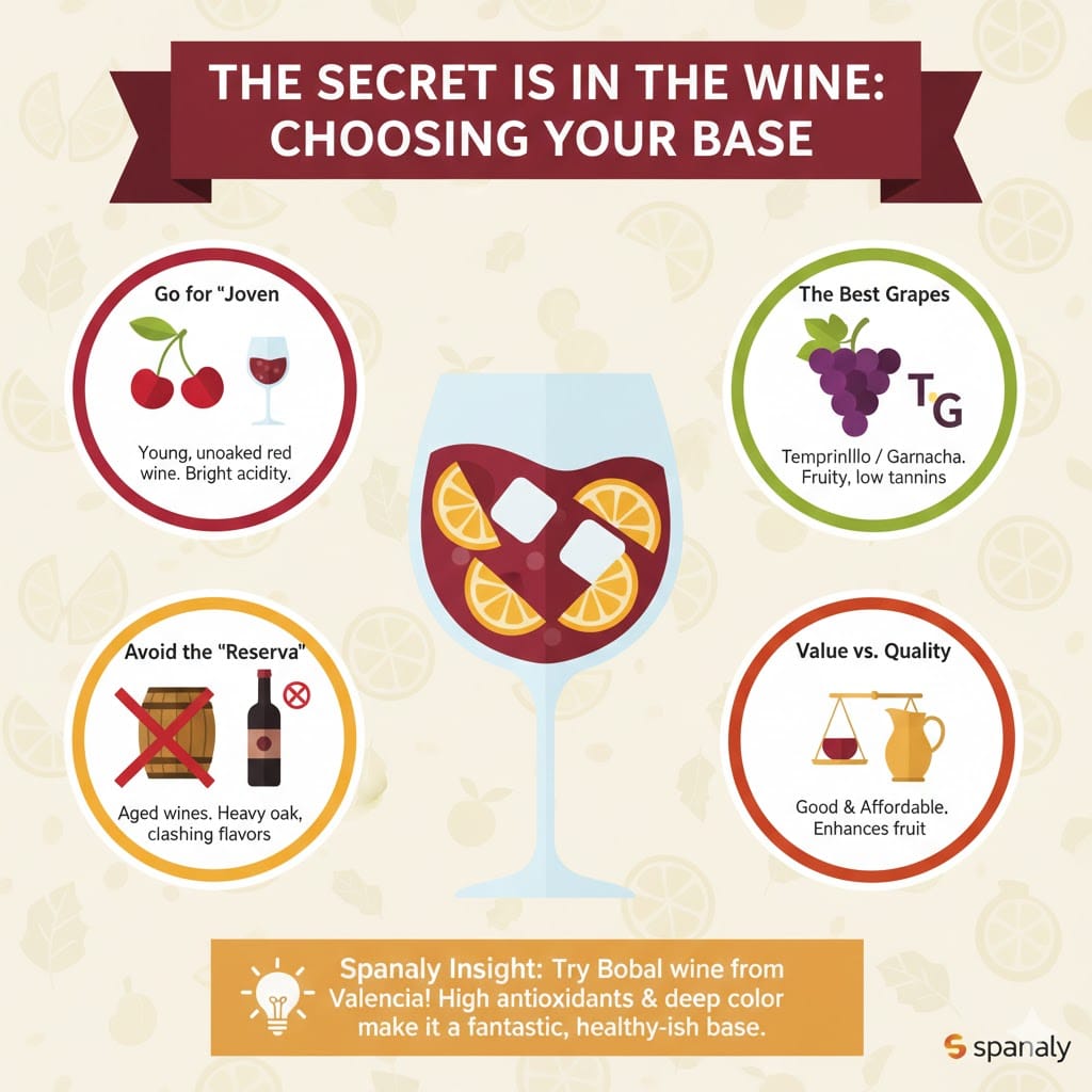 An educational infographic about choosing the right wine for Sangria. It highlights selecting young Joven wines, using Tempranillo or Garnacha grapes, avoiding aged Reserva wines, and a Spanaly Insight about Bobal wine from Valencia.