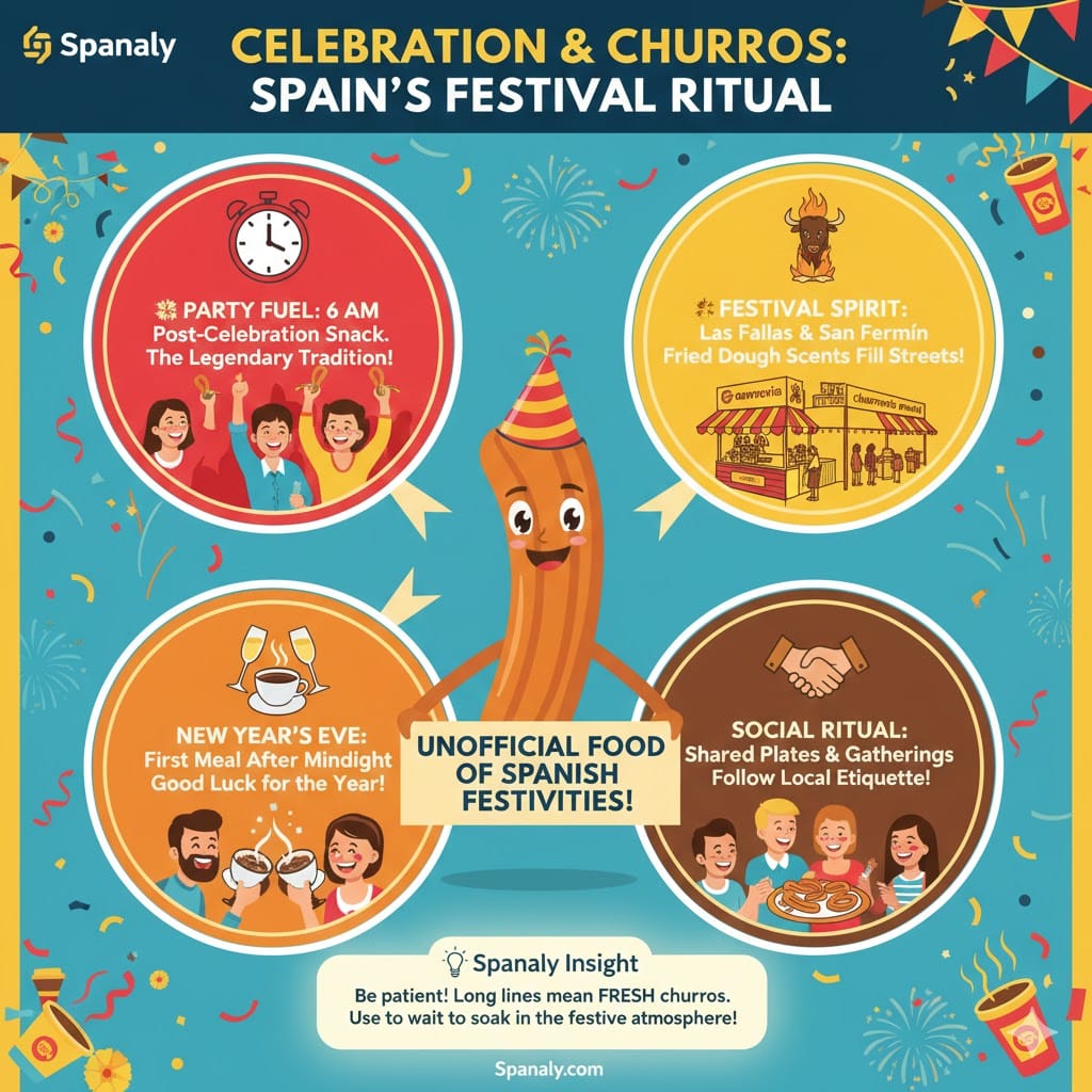 A festive and colorful infographic by Spanaly titled 'Celebration & Churros: Spain's Festival Ritual'. It depicts churros as the unofficial food of festivities, featuring people enjoying them at 6 AM after parties, during Las Fallas, on New Year's Eve, and as a social ritual, including a Spanaly Insight about festival queues.