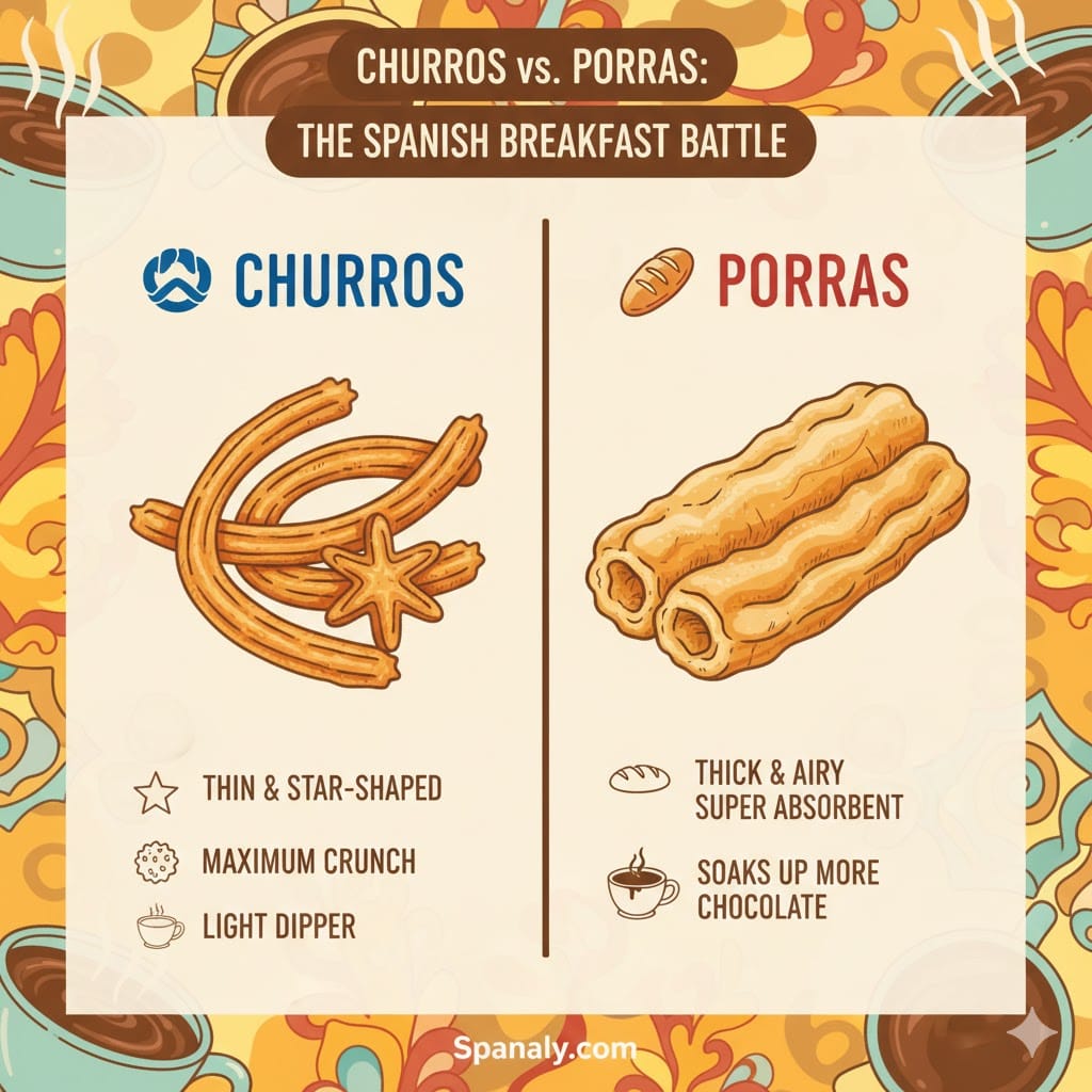 A colorful infographic titled 'Churros vs. Porras: The Spanish Breakfast Battle' comparing the two pastries. It shows thin star-shaped Churros with maximum crunch on the left, and thick, airy, absorbent Porras on the right, with Spanaly.com branding.
