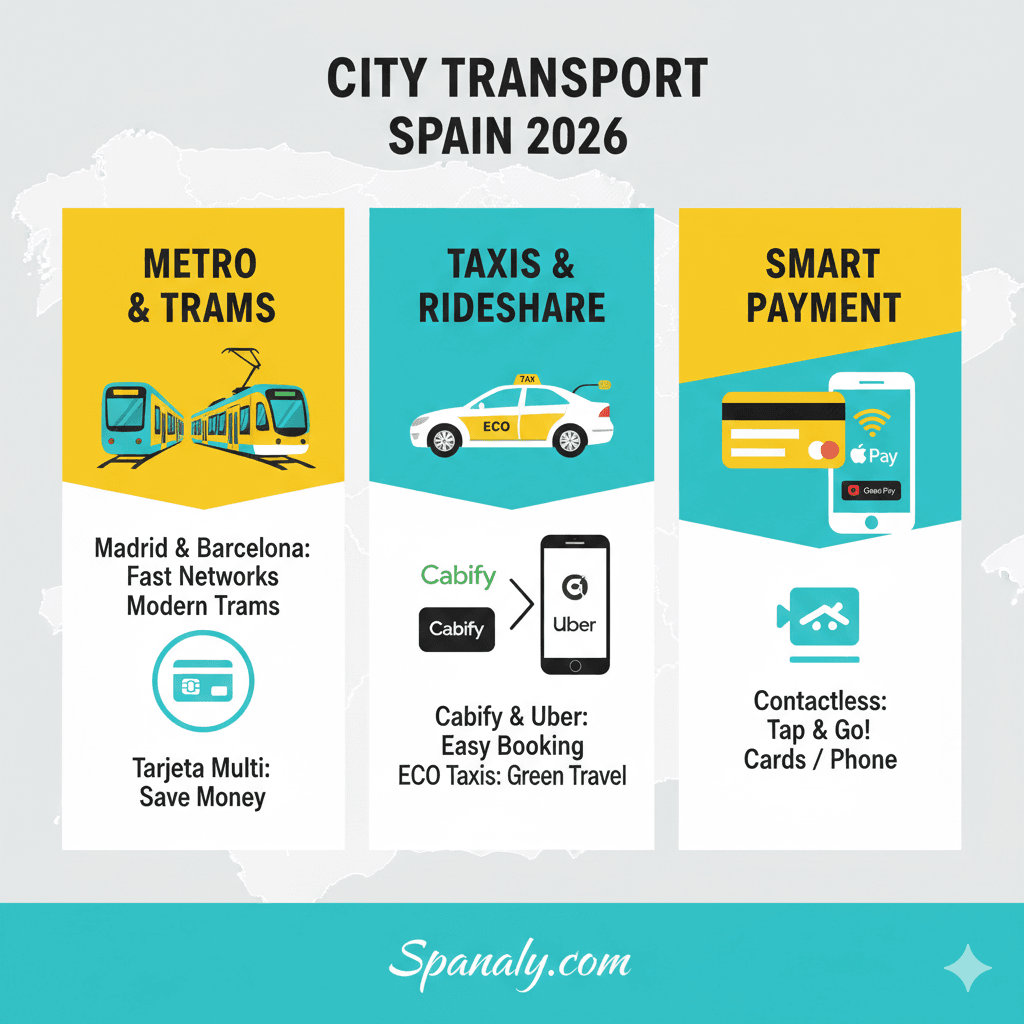 Infographic for city transport in Spain 2026 by Spanaly.com, featuring metro, trams, and electric taxis with contactless payment icons.