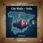 High-quality illustration of the medieval City Walls of Ávila on a map of Spain, featuring iconic stone turrets and Spanaly.com