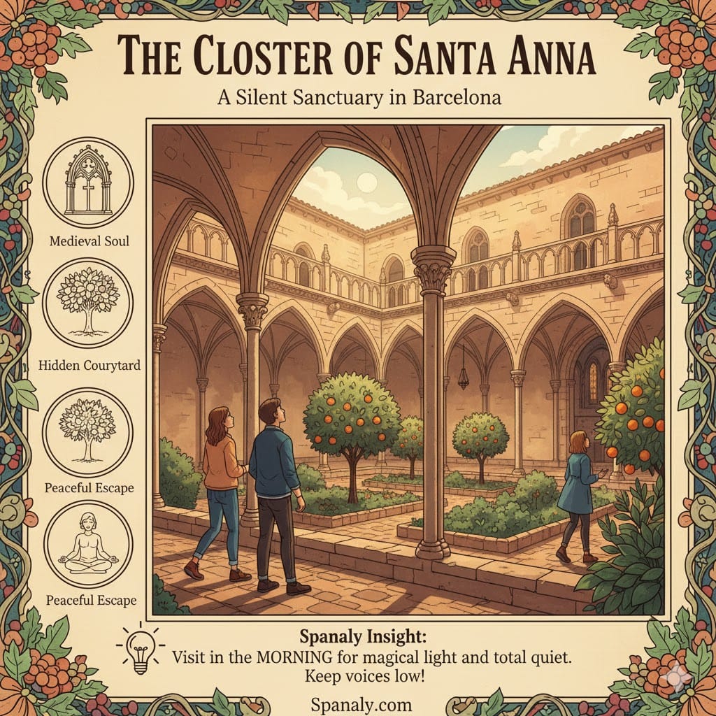Infographic of the Cloister of Santa Anna in Barcelona featuring Gothic arches, orange trees in the courtyard, and icons for medieval history and peaceful escape.