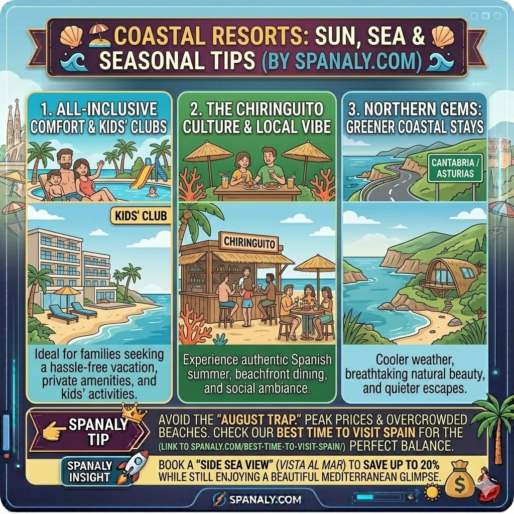 Infographic of coastal resorts in Spain comparing all-inclusive stays, chiringuito culture, and northern gems with seasonal booking tips by Spanaly.com.