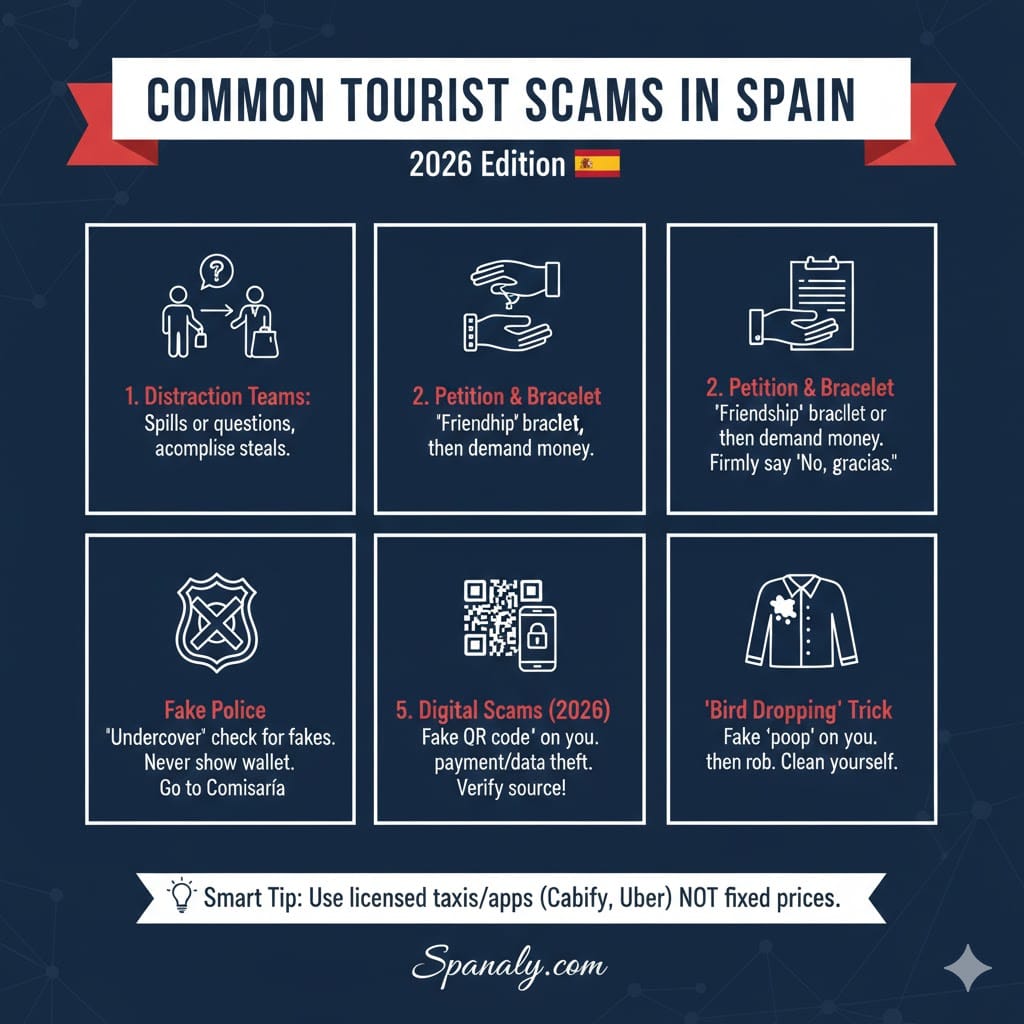 An infographic highlighting common tourist scams in Spain for 2026, including distraction teams, fake police, digital QR scams, and the bird dropping trick with safety tips.
