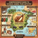 A master 1024x1024 illustrative image for the 'Comprehensive Guide to Spanish Jamón: Pure Artistry'. It features a large map of Spain with a whole Jamón Ibérico on a stand (Jamonero) as the central masterpiece. Surrounding the map are key guide elements: curing artistry, the color-coded labeling law, master carving techniques, and tasting rituals, with the Spanaly.com logo at the bottom.