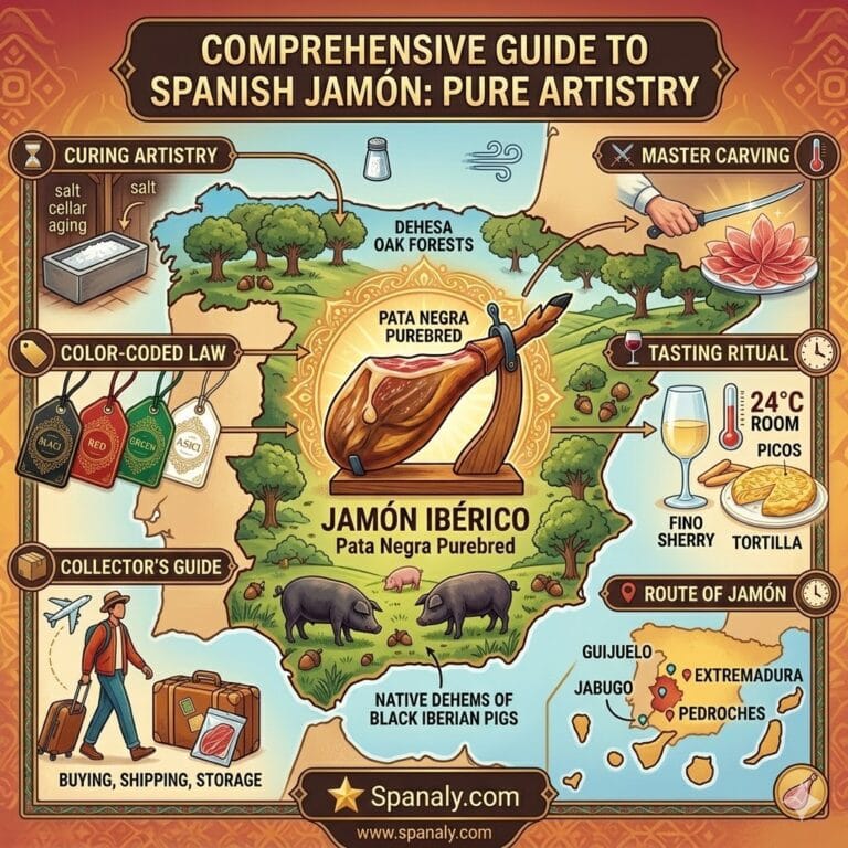 A master 1024x1024 illustrative image for the 'Comprehensive Guide to Spanish Jamón: Pure Artistry'. It features a large map of Spain with a whole Jamón Ibérico on a stand (Jamonero) as the central masterpiece. Surrounding the map are key guide elements: curing artistry, the color-coded labeling law, master carving techniques, and tasting rituals, with the Spanaly.com logo at the bottom.