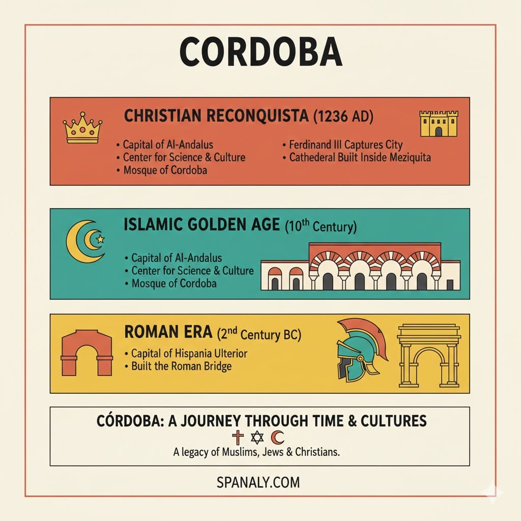 A colorful infographic showing the history of Cordoba from the Roman Era and Islamic Golden Age to the Christian Reconquista.
