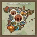 A creative map of Spain featuring the 7 major landmarks of Córdoba, including the Mosque-Cathedral, Roman Bridge, and flower patios, within an elegant border.