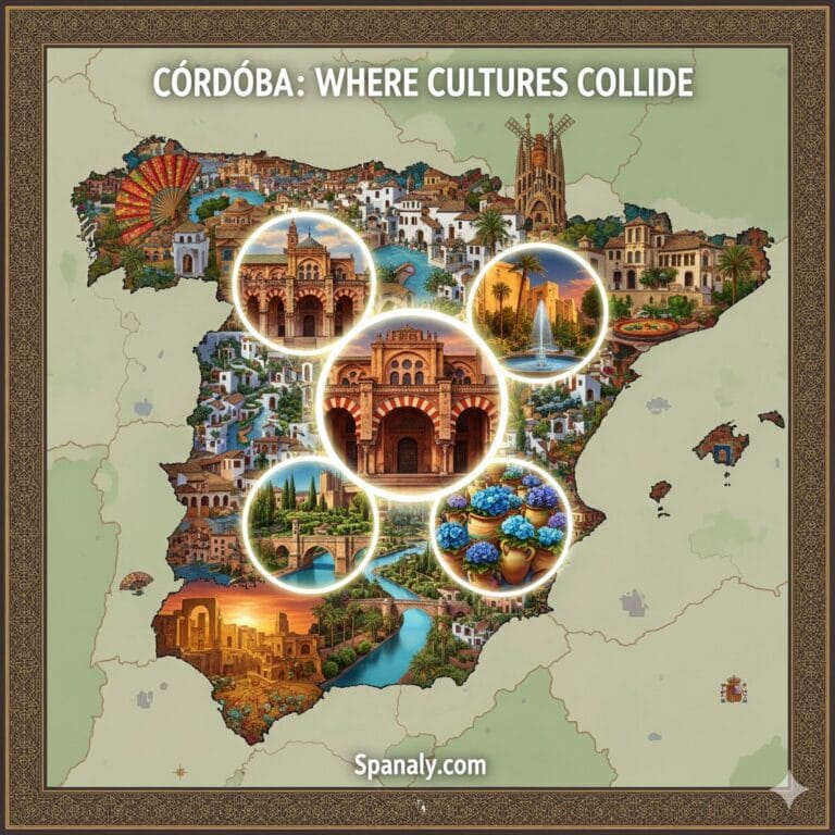 A creative map of Spain featuring the 7 major landmarks of Córdoba, including the Mosque-Cathedral, Roman Bridge, and flower patios, within an elegant border.