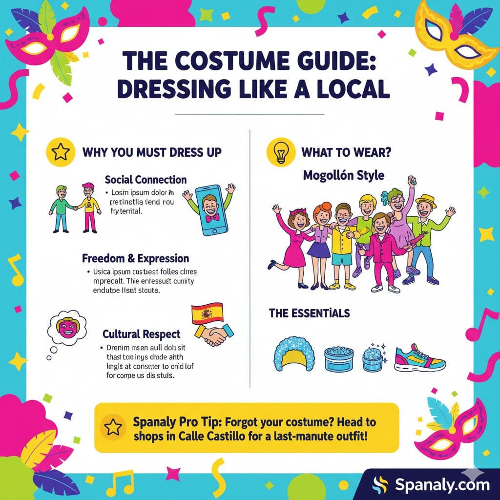 An infographic guide on how to dress for the Tenerife Carnival, explaining the importance of social connection, cultural respect, and the "Mogollón" style with essential items like wigs and glitter.