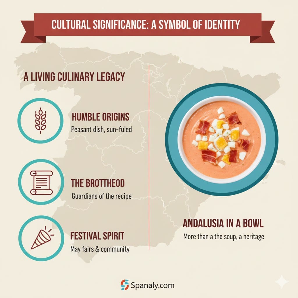 A detailed 2026 infographic by Spanaly about the cultural significance of Salmorejo, featuring its humble origins, the brotherhood of guardians, and its role as a symbol of Andalusia.