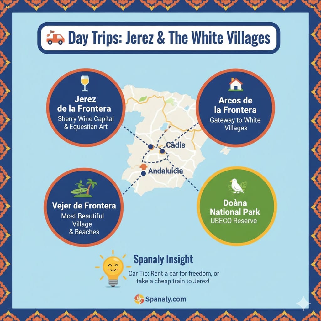 A colorful infographic map of day trips from Cádiz, featuring Jerez de la Frontera, Arcos de la Frontera, Vejer de la Frontera, and Doñana National Park. Includes a Spanaly Insight about renting a car or taking the train with Spanaly.com branding.