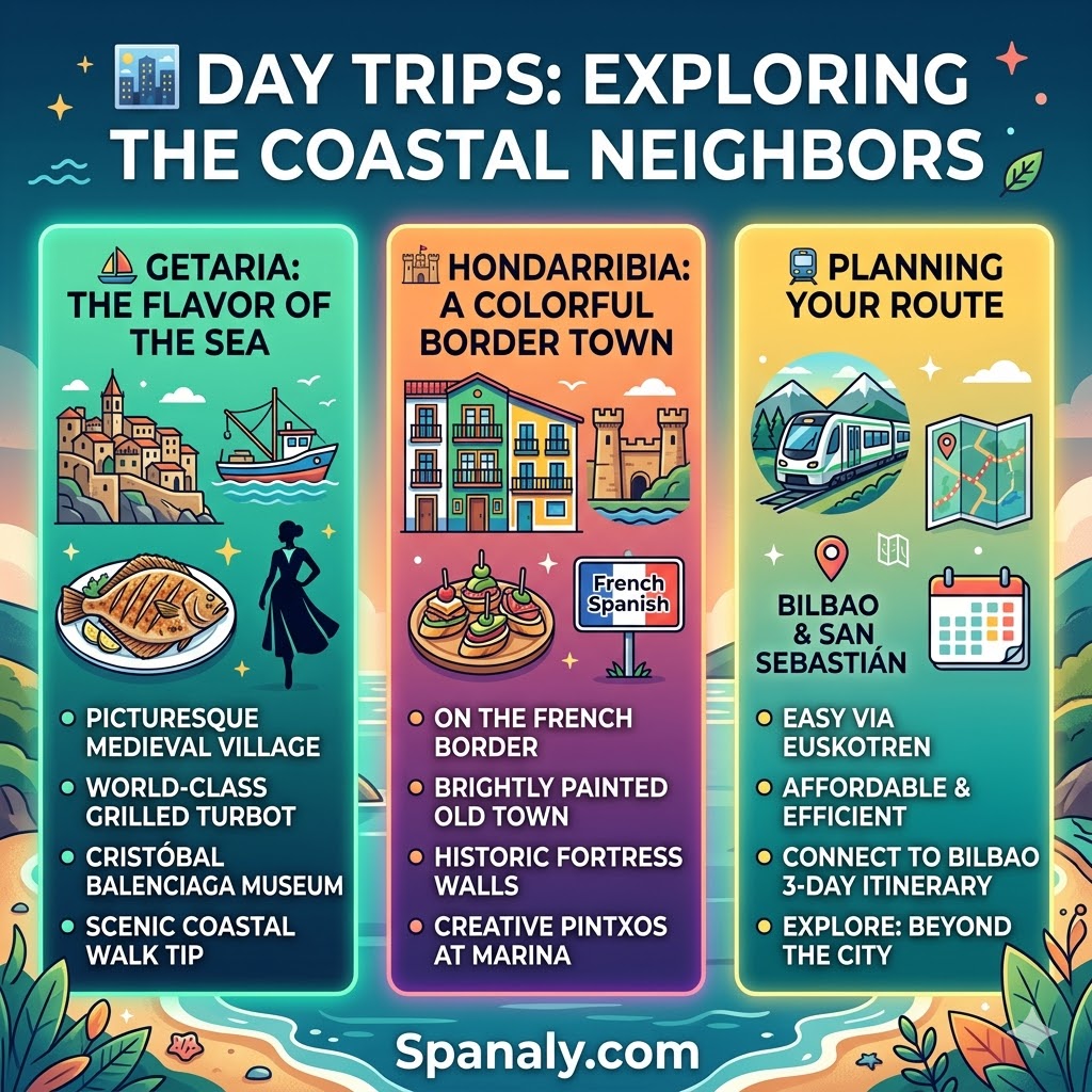 Infographic guide to day trips from San Sebastian featuring Getaria fishing village and the colorful border town of Hondarribia.