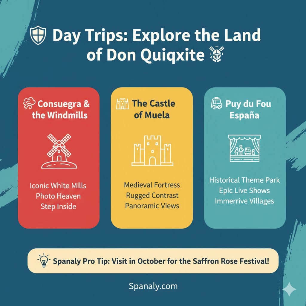 A colorful travel infographic titled Day Trips: Explore the Land of Don Quixote. It features three sections: Consuegra & the Windmills (Iconic photo heaven), The Castle of Muela (Medieval rugged fortress), and Puy du Fou España (Epic live historical shows). A light beige footer includes a Spanaly Pro Tip to visit in October for the Saffron Rose Festival.