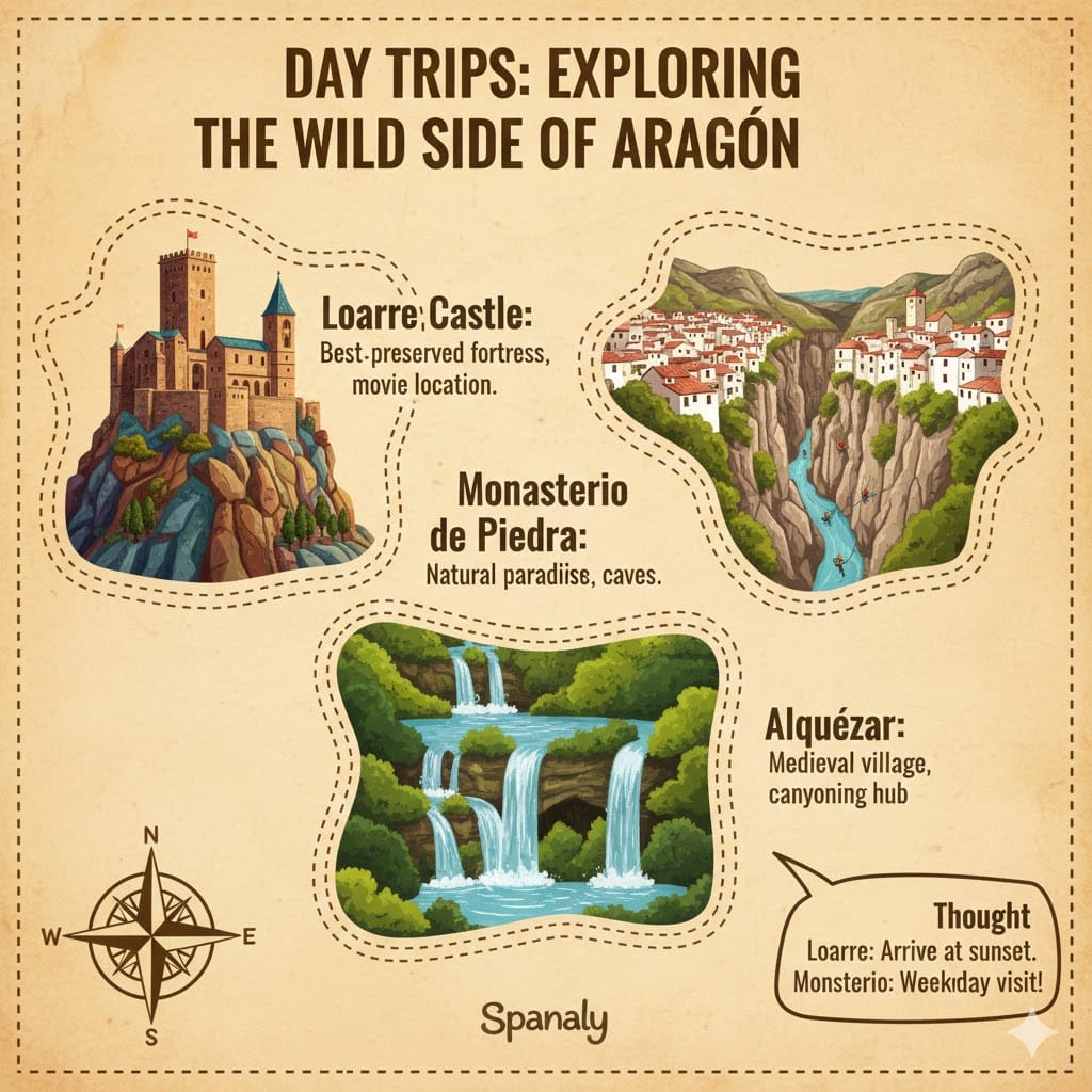 An adventure-style infographic of day trips from Zaragoza, featuring illustrations of the Castle of Loarre on a cliff, the waterfalls of Monasterio de Piedra, and the medieval village of Alquézar on a vintage parchment background.