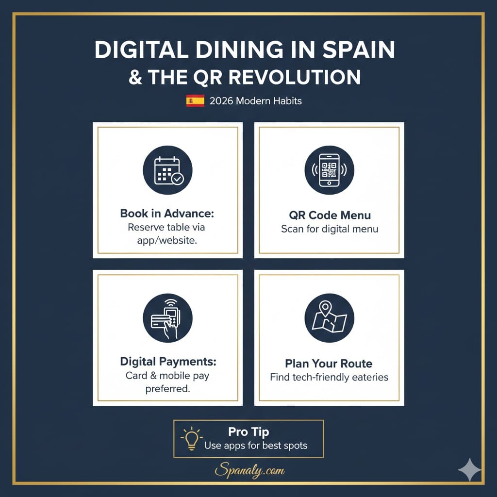An infographic highlighting 2026 digital dining habits in Spain, including booking in advance, using QR code menus, digital payments, and tech-friendly restaurant routing.