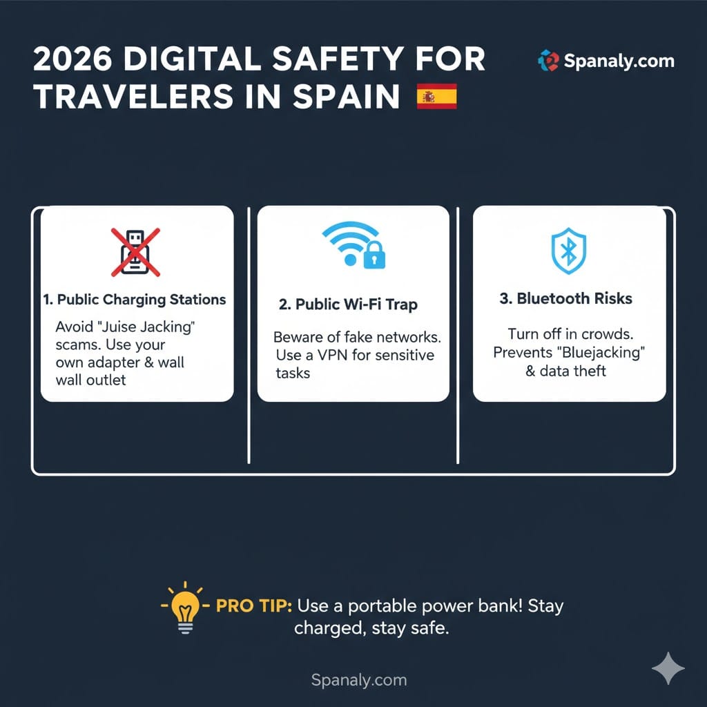 A 2026 digital safety infographic for travelers in Spain, highlighting risks of public charging stations (juice jacking), public Wi-Fi traps, and Bluetooth security tips.