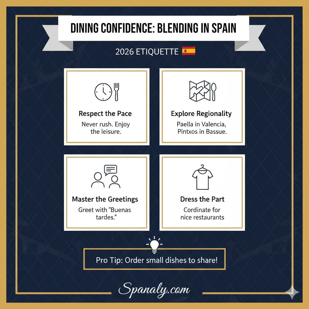 An infographic guide on how to blend in while dining in Spain 2026, featuring tips on respecting the pace, regional food exploration, local greetings, and dressing appropriately.