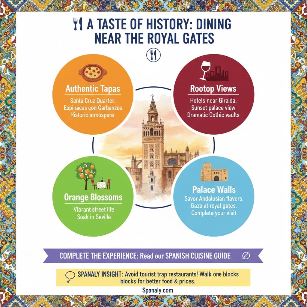 A colorful infographic about dining near the Royal Alcázar of Seville, featuring authentic tapas in Santa Cruz, rooftop views, and orange blossom patios, with a link to Spanaly's Spanish Cuisine Guide.