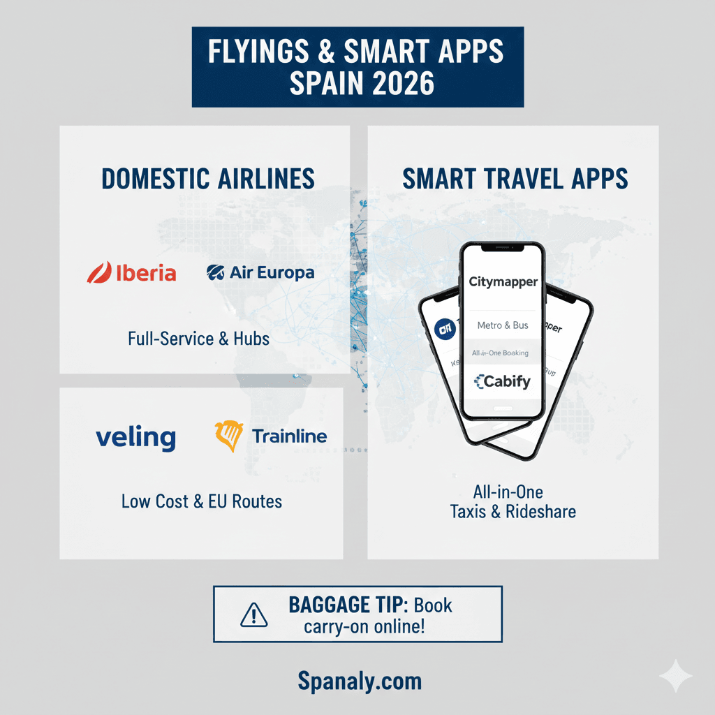 Infographic showing domestic airlines like Iberia and Vueling alongside essential travel apps like Omio and Cabify for Spain 2026, by Spanaly.com.